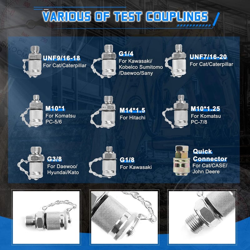 SINOCMP مجموعة اختبار مقياس ضغط هيدروليكي 4000/6000/10000 PSI، 9 وصلات، 3 خراطيم اختبار بطول 59 بوصة، 1 صندوق تخزين ألومنيوم لمجموعة اختبار التشخيص لآلات البناء الحفارات - Image 3